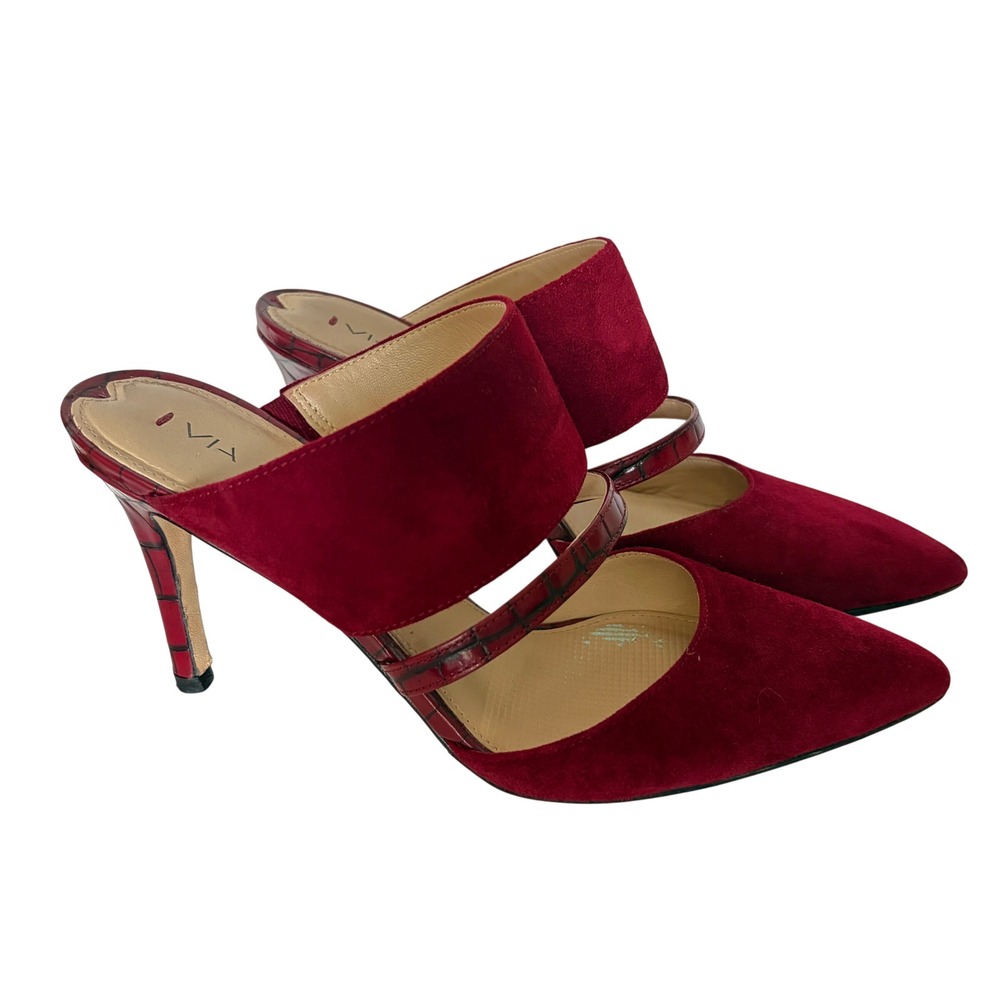 Via Spiga Burgundy Suede Stiletto Mules Women's 7.5M Multi-Strap Pointed Toe‎